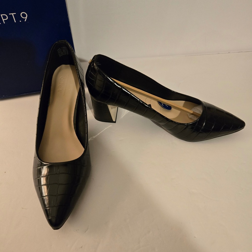 Apt. 9 Pumps Womens Graccon 10 Black New Croc Embossed Block Heelel Pointed Toe